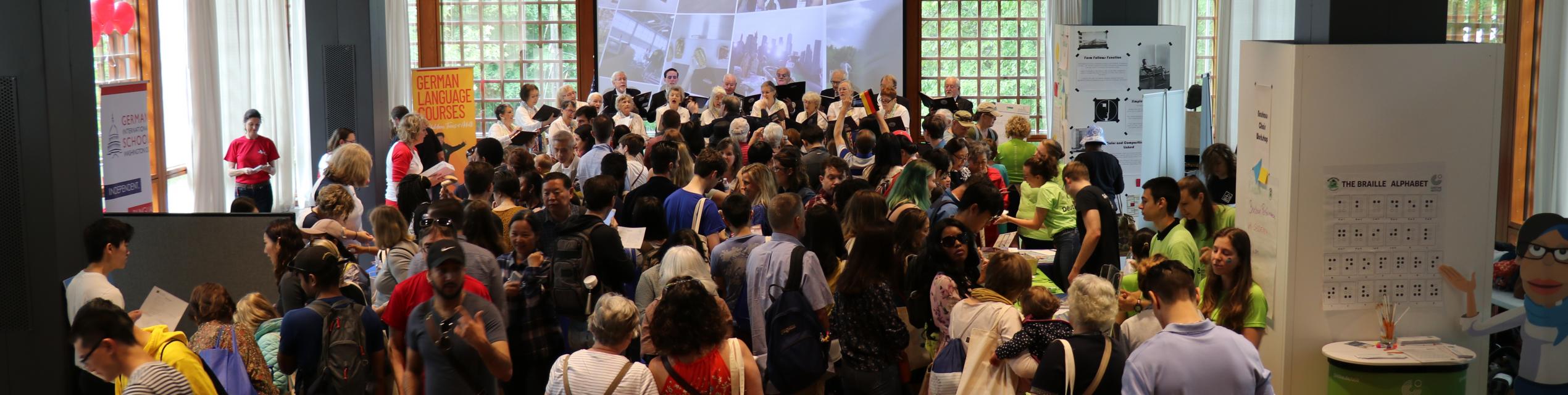 A large crowd gathers at the German Embassy in Washington, D.C.