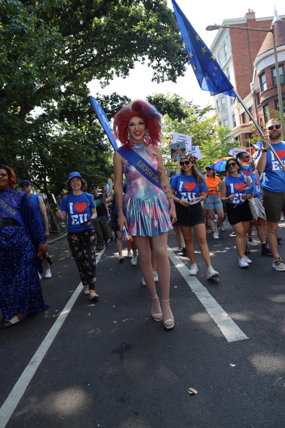 A drag queen marches in the Capital Pride Parade.