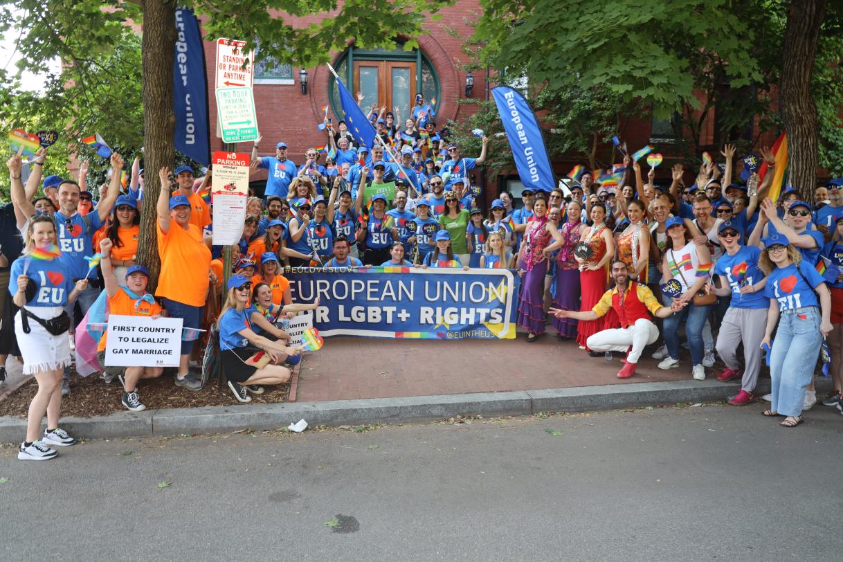 A posed group photo of all the EU Delegation parade walkers.