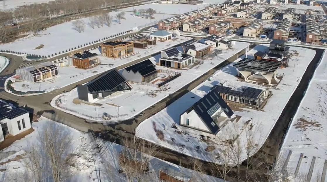 Aerial image of a city with snow