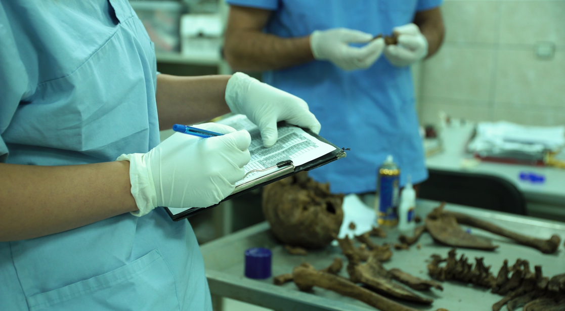 Close-up of gloved hands writing on a folder, in the background bones of a corpse