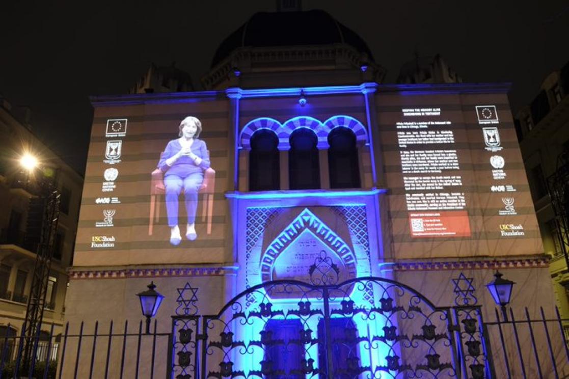 Illuminated building facade in Geneva