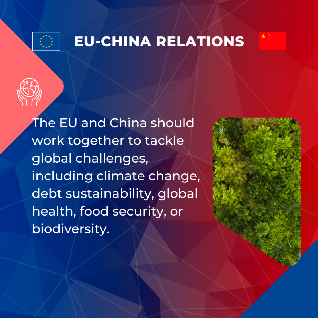 The EU and China should work together to tackle global challenges, including climate change, debt sustainability, global health, food security, or biodiversity.