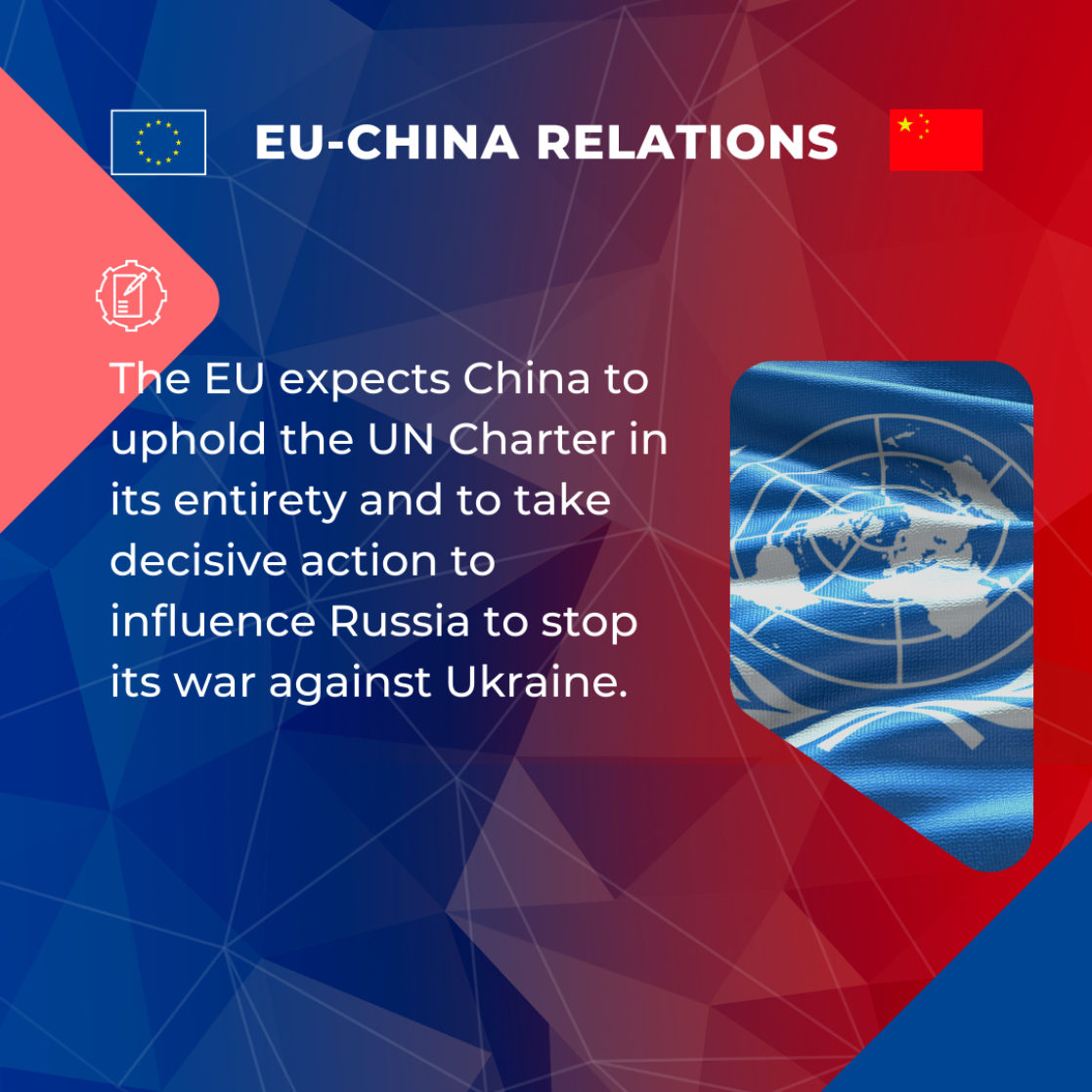 The EU expects China to uphold the UN Charter in its entirety and to take decisive action to influence Russia to stop its war against Ukraine.