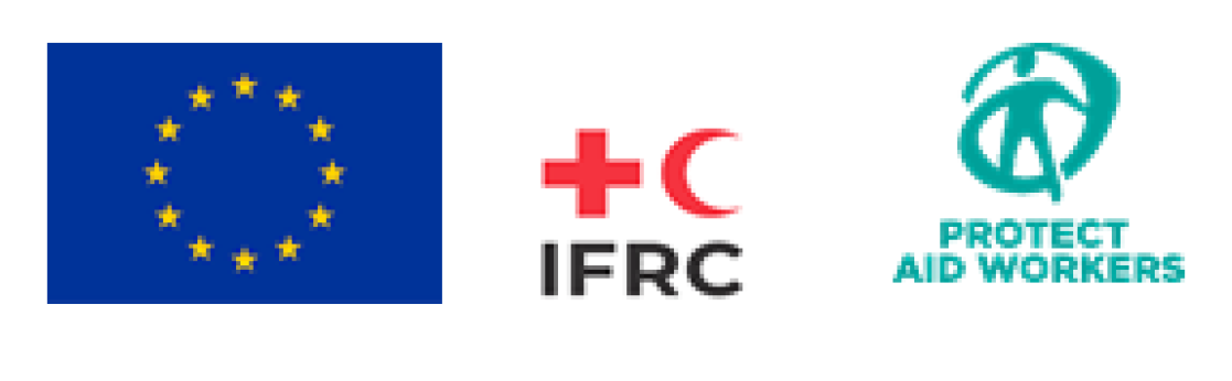 EU logo, IFRC logo, Protect Aid Workers logo