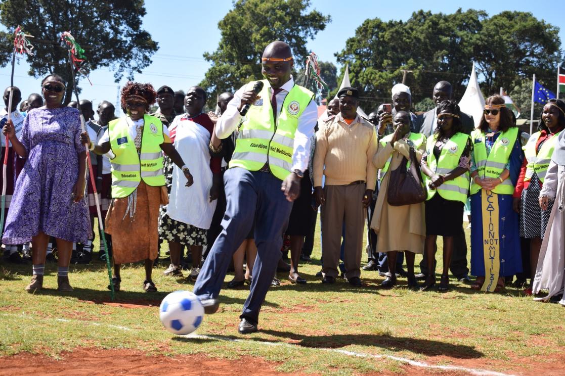 Elgeyo Marakwet governor kicks the ball to signify kicking FGM out of Elgeyo Marakwet