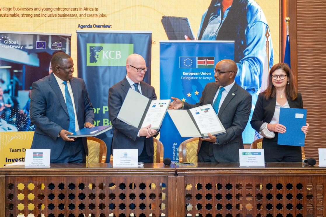 CS Salim Mvurya, EIB Global VP Ostros, KCB Group CEO Paul Russo and EU Ambassador Henriette Geiger