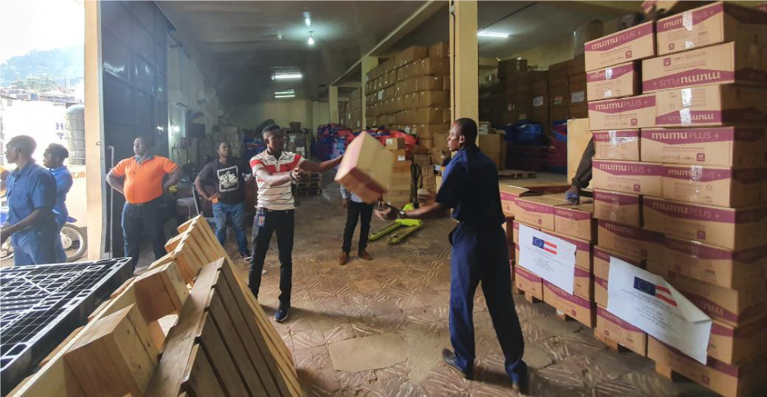 Men moving boxes in a warehouse