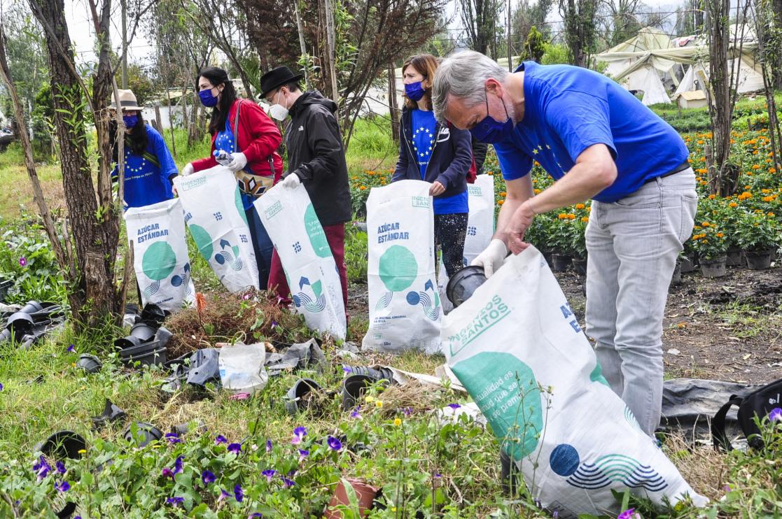 Group of people with blue shirts working