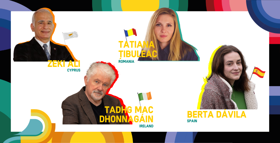 EU Authors Dialogue card - pictures of 4 EU authors with FIL Guadalajara 2023 layout