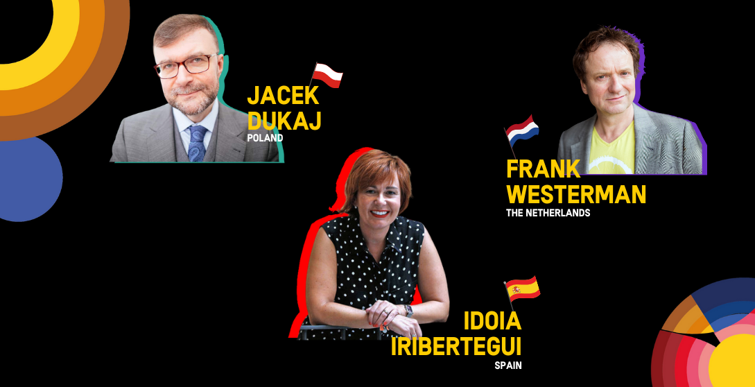 EU Authors Dialogue card - pictures of 4 EU authors with FIL Guadalajara 2023 layout