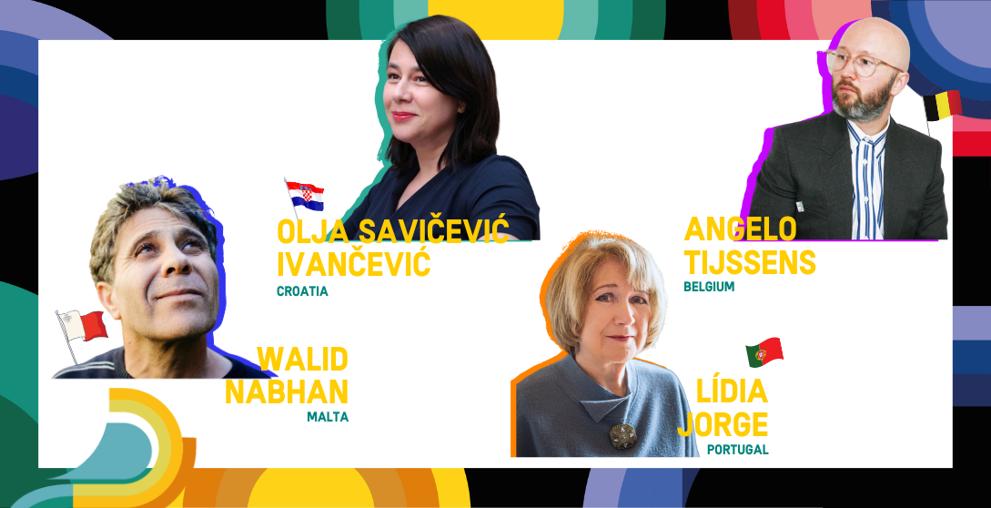 EU Authors Dialogue card - pictures of 4 EU authors with FIL Guadalajara 2023 layout