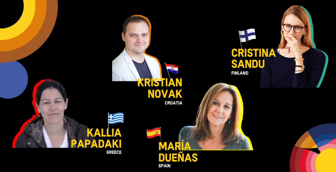 EU Authors Dialogue card - pictures of 4 EU authors with FIL Guadalajara 2023 layout