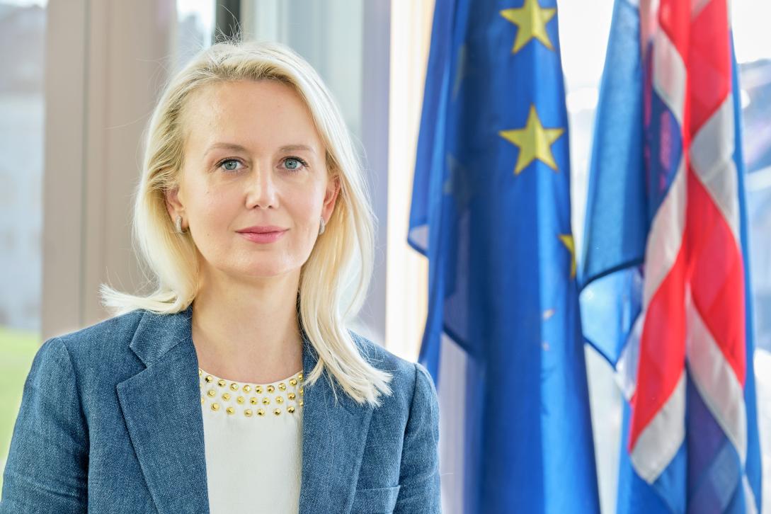 Ambassador Lucie Hall Allen with Icelandic and EU flags