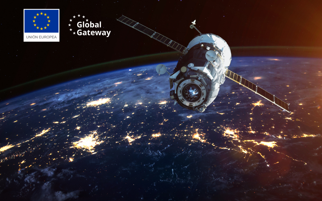 Satelite con logos UE y Global Gateway