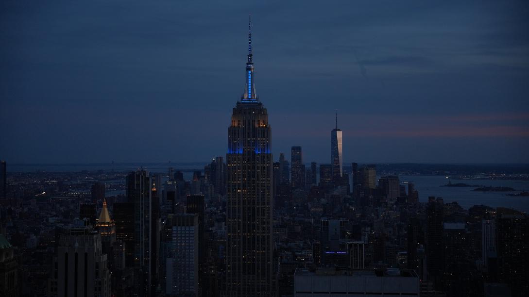 Empire State Building in blue and yellow for Europe Day 2024