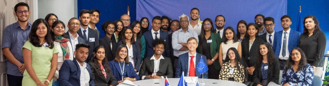 Ambassador Oskar Benedikt and 26 members of the EU-Mauritius Youth Sounding Board on 12 August 2024