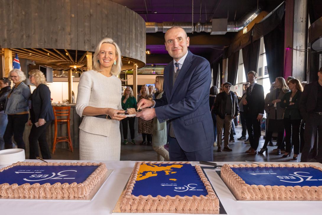 The President of Iceland cutting the EEA30 cake with the EU Ambassador