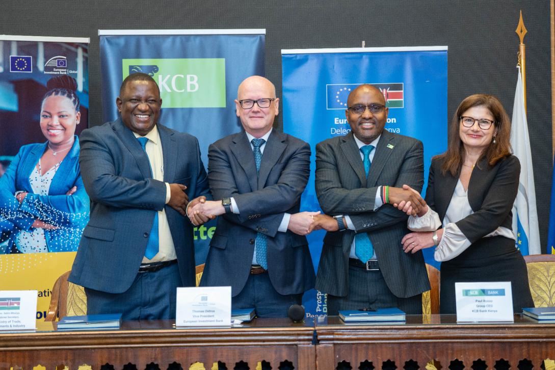 EIB Global VP, Thomas Ostros, KCB Group CEO, Paul Russo with EU Ambassador and CS Trade Salim Mvurya