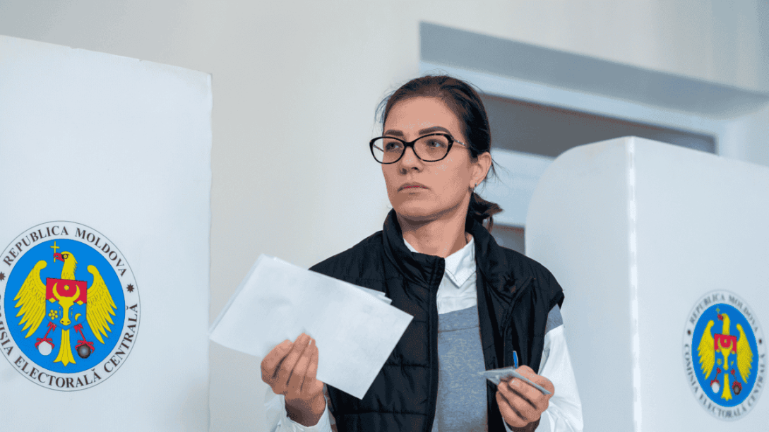 A woman voter at an election in Moldova.