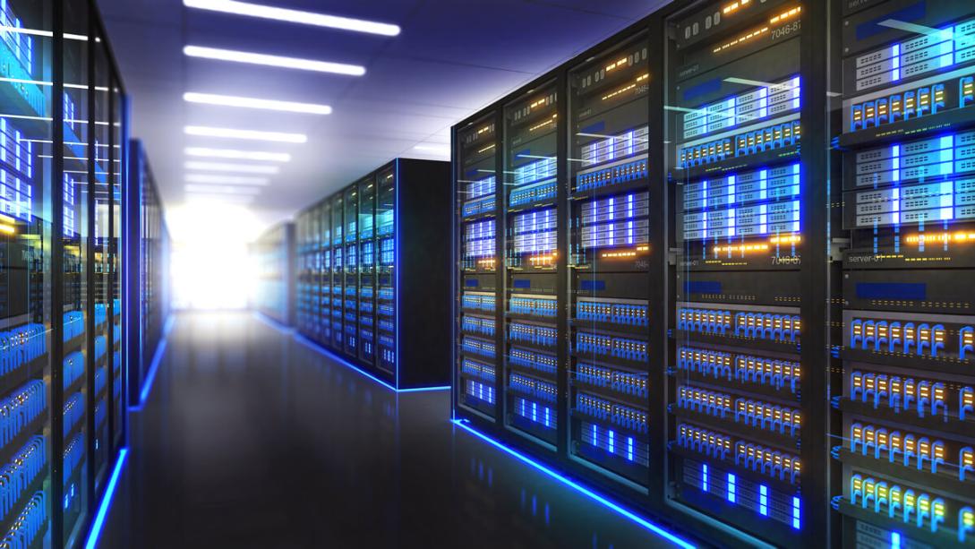 A server room with server racks in a data centre. 