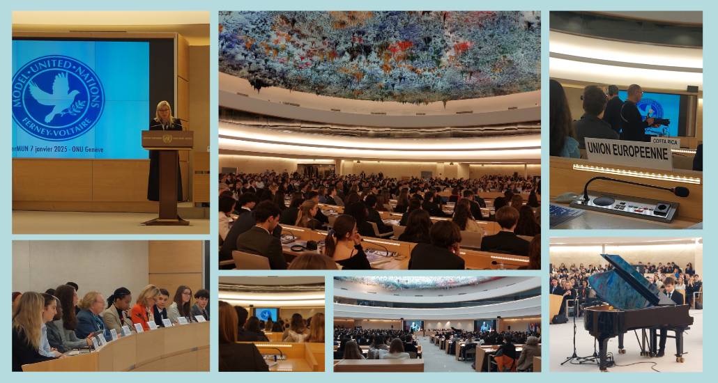 Photo collage of the FerMUN 2025 opening ceremony on 7 January 2025 at the Palais des Nations