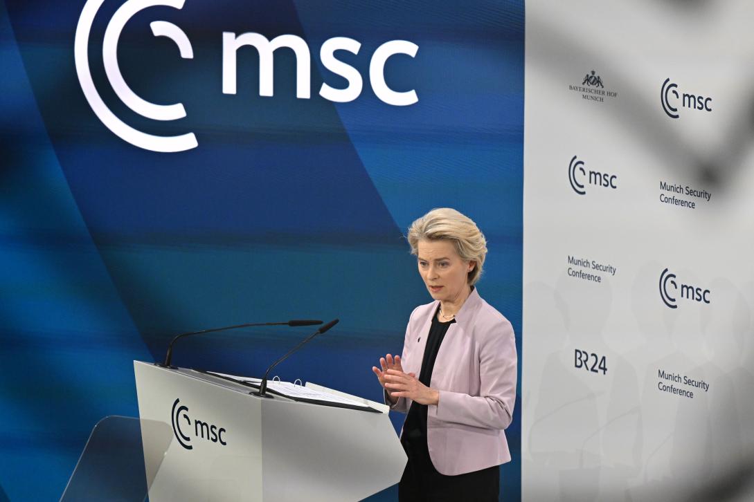   Ursula Von der Leyen delivers a speech at the “The EU in the World” event during the MSC