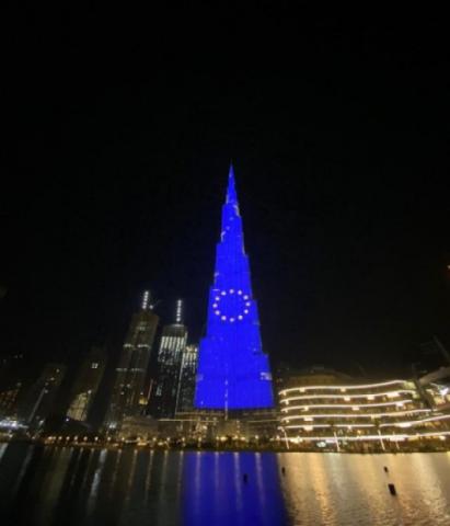 Europe flag projected in one of Abu Dhabi's most important buildings