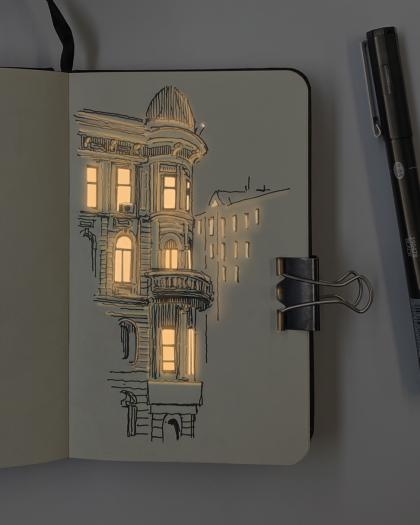 Artwork from Nikita Busyak representing a building with windows lit up