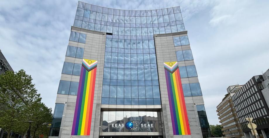 Progress Pride flag banners on EEAS facade