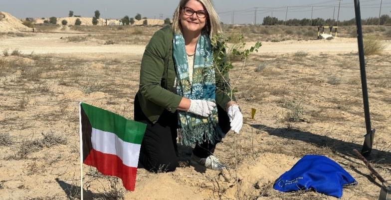 EU Ambassador Anne Koistinen planting a tree on behalf of the EU Delegation at Al-Abdaliya reserve. 