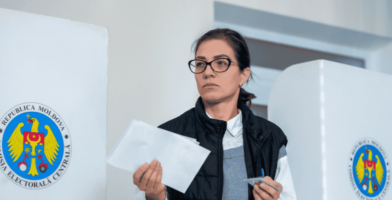 A woman voter at an election in Moldova.