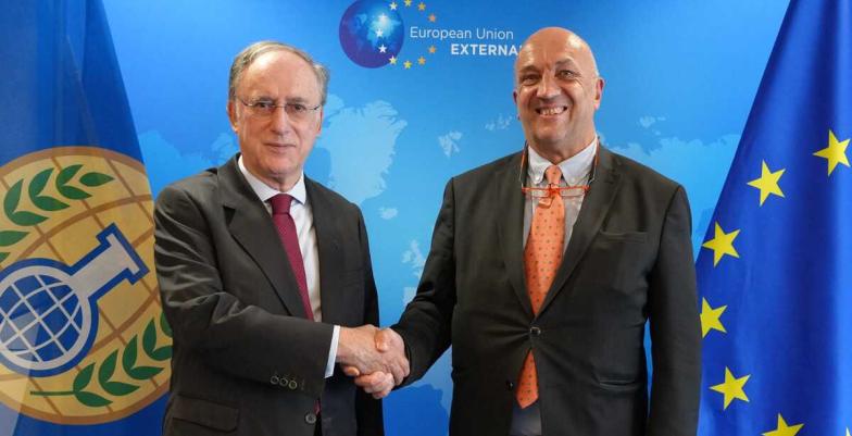 Handshake of two high level officials, organisation flags in the background. 