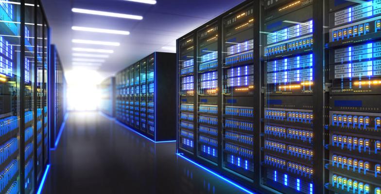 A server room with server racks in a data centre. 