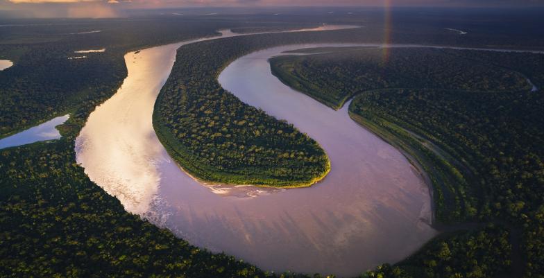 Image during a sunset of a winding river crossing the Amazon rainforest.